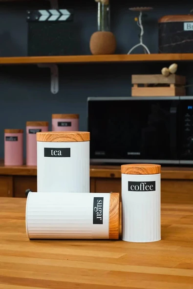 UCR HOME 3'lü Set Metal Çay Kahve Şeker Saklama Kavanozu - Beyaz ürün görseli 1