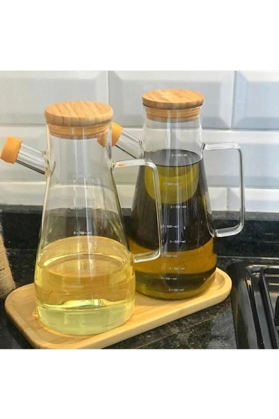 AELA HOME Borosilikat 3'lü Bambu Yağdanlık Seti- Yağlık & Sirkelik 900 Ml.-bambu Altlık ürün görseli 1