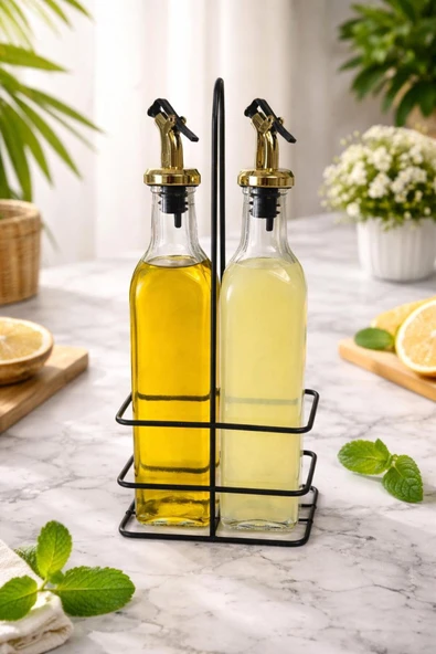 UCR HOME 2'li Stantlı Yağ Ve Sirke Şişesi Yağdanlık Zeytinyağı Sıvıyağ Şişesi Şeffaf 250 Ml ürün görseli 1