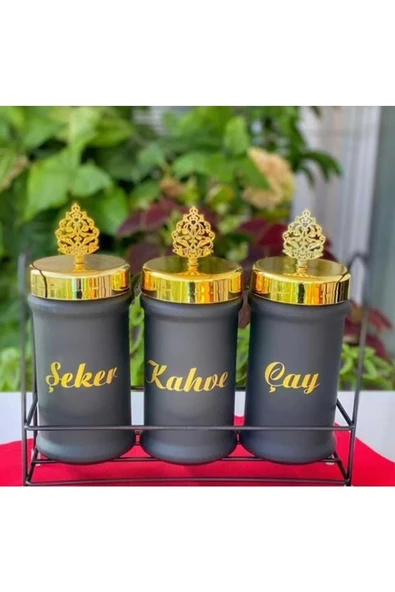 İLBEY Cam 3 Lü Premium Çay Kahve Şeker Kavanoz Metal Standlı ürün görseli 1