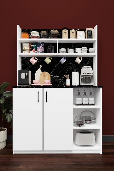 Modern Kahve Köşesi Dolabı %100 MDF Çok Amaçlı Erzak Depolama Dolabı KAHVE02  BEYAZ - ROYAL MERMER ürün görseli 1