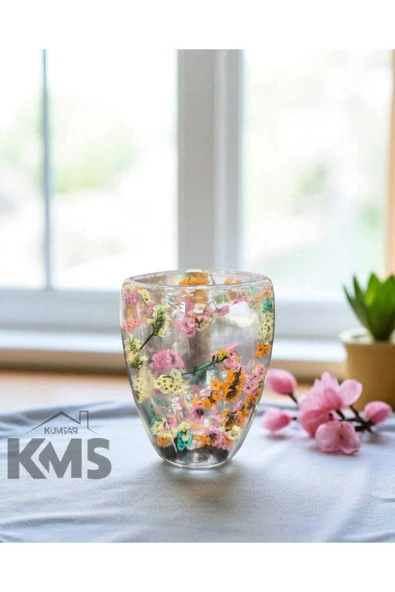 kmskumsar Isıya Dayanıklı 2'Lİ Borosilikat Çift Cidarlı Çiçekli Bardak Ve Kahve Sunum Bardağı /Flower Cup ürün görseli 1