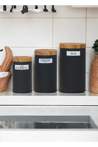 Doğa Dizayn Bambu Kapak Görünümlü Metal Siyah 3'lü Çay Şeker Kahve Saklama Kabı/Kavanozu MRS-3037S ürün görseli 1