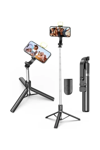 GenZ Bilişim Kumandalı Işıklı Ayaklı Tripod ve Selfie Çubuğu ve Telefon Tutucu 30CM Ila 170CM Max Siyah ürün görseli 1