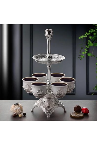UCR HOME İki Katlı Tablalı Lüks Çok Amaçlı Zemzem ve Kahve Sunumluk Gümüş ürün görseli 1
