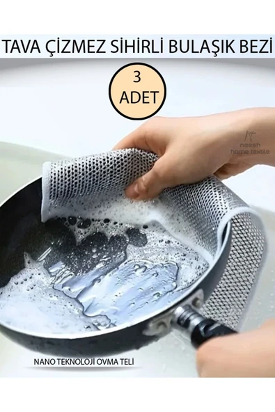 Neesh 3 Adet Çift Katlı Çizmez Ovma Teli, Inox Tel Bez, Çizmez Bulaşık Teli, Tava Çizmez, Teflon Çizmez ürün görseli 1
