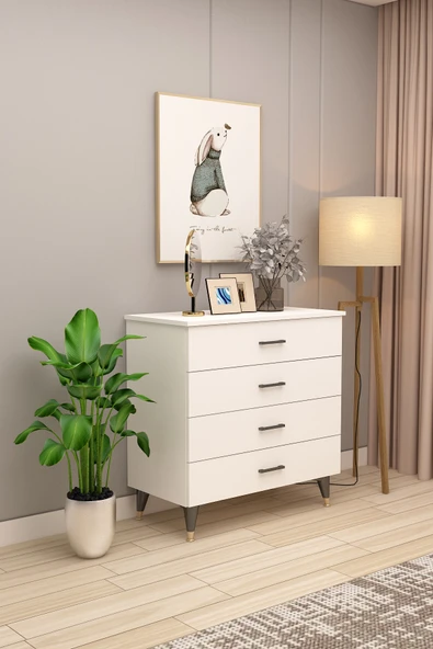 Lüks 4 Çekmeceli Şifonyer Komodin %100 MDF Çok Amaçlı Düzenleyici ŞF-02  BEYAZ ürün görseli 1