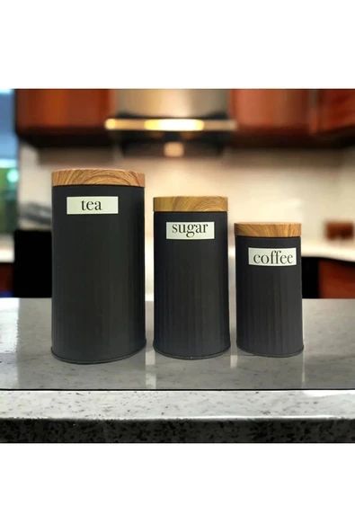 UCR HOME 3'Lü Set Metal Çay Kahve Şeker Saklama Kavanozu - Siyah ürün görseli 1