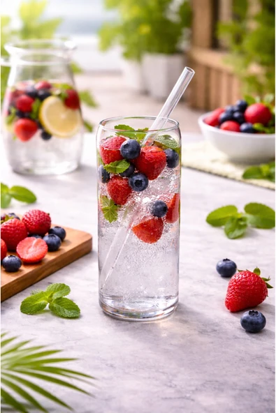 UCR HOME Pipetli Isıya Dayanıklı Cam Bardak Limonata Meyve Suyu Meşrubat Bardağı Kahve sunum Bardağı ürün görseli 1
