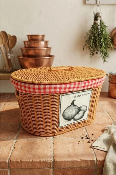 Atbyhome Oval Rattan Hasır Patates Soğan Çift Bölmeli Sepet Düzenleyici Organizer ürün görseli 1