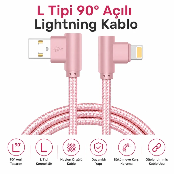 L Tipi 90 Açılı Lightning Şarj Kablosu iPhone Uyumlu Naylon Örgülü Dayanıklı Kablo ürün görseli 1