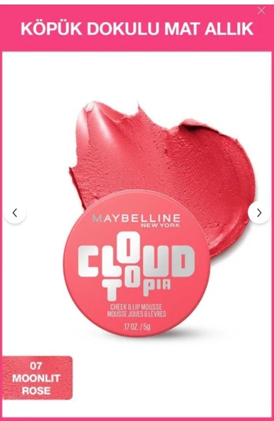 Maybelline New York Cloudtopia Köpük Dokulu Mat Allık & Ruj 07 Moonlit Rose ürün görseli 1