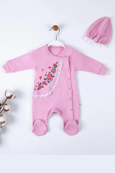 Çiçek Nakışlı Şapkalı % 100 Pamuk Kız Bebek Tulumu ürün görseli 1