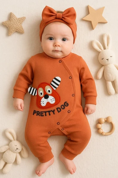 Pretty Dog Nakışlı Bandanalı % 100 Pamuk Kız Bebek Tulumu ürün görseli 1