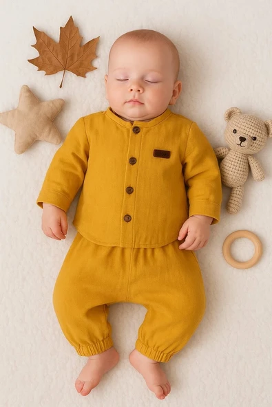 Oval Kesim 5 Düğmeli Müslin Kumaş 2'li Erkek Bebek Takımı ürün görseli 1