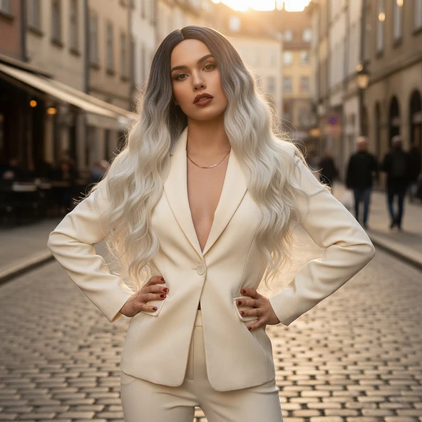 Fiber Sentetik Uzun Su Dalgası Peruk / Açık Siyah / Platin Ombreli ürün görseli 1