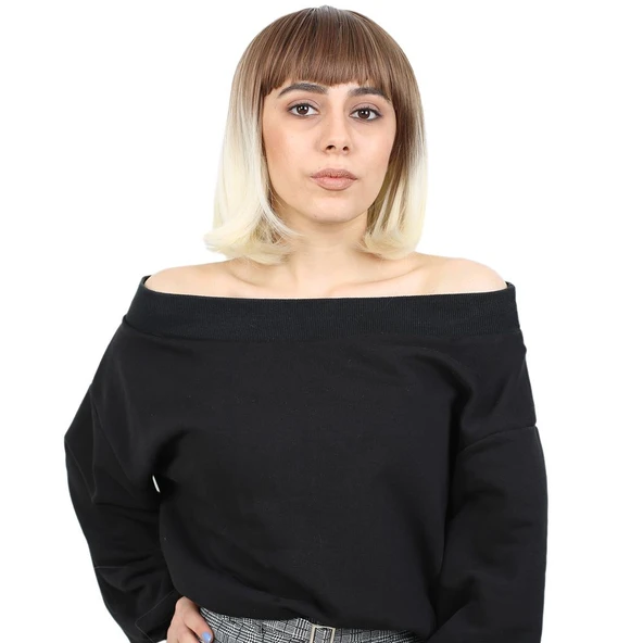 Kısa Küt Perçemli Fiber Sentetik Peruk / Kumral / Platin Ombreli ürün görseli 1