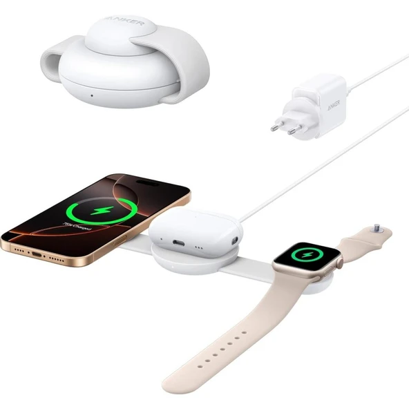 Anker Ufo MagGo B25M8 Beyaz 3in1 MagSafe Kablosuz Şarj Aleti - OUTLET ürün görseli 1