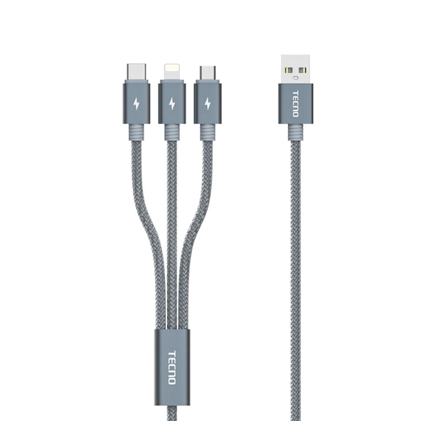 Tecno TCN31 3in1 Lightning, Type-C, Micro Çıkışlı Örgülü Hızlı Data ve Şarj Kablosu (TECNO Türkiye Garantili) ürün görseli 1