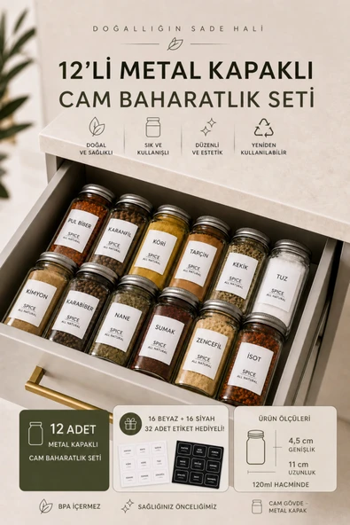 EG75 Metal Kapaklı 12'li Kare Formlu Cam Baharatlık Seti (32 Adet Etiket Hediyeli) ürün görseli 1