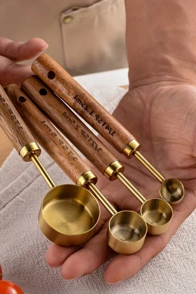EG75 4 Adet Gold Paslanmaz Çelik Ahşap Saplı Ölçü Kaşığı Seti Ölçü Kabı 1.25ml 2.5ml 5ml 15ml ürün görseli 1