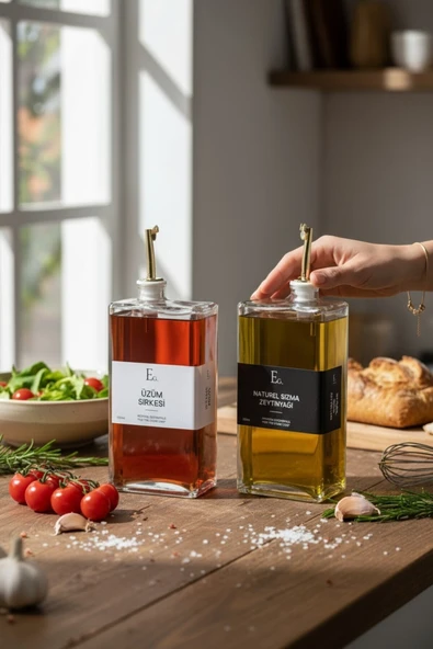 EG75 2'li Kare Formlu 500ml. Cam Yağdanlık ve Sirkelik Seti (Özel 4 Etiket Hediyeli) ürün görseli 1