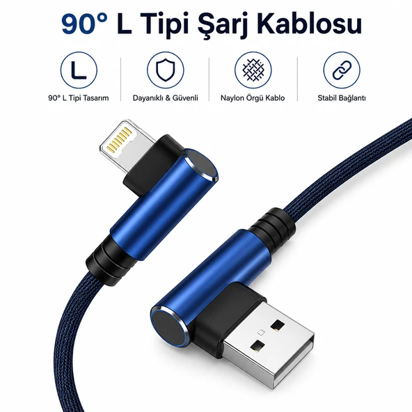 L Tipi 90 Derece Metalik Başlıklı 1000mm 2,1A Örgülü Lightning Şarj Kablosu ürün görseli 1