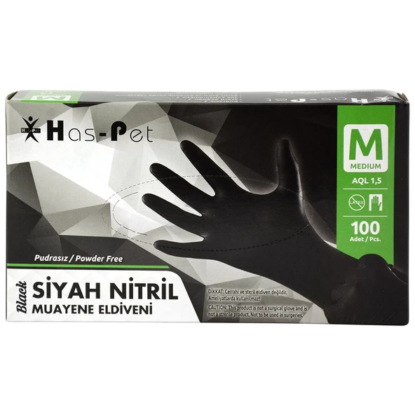 Haspet Siyah Nitril Pudrasız Muayene Eldiveni M Beden ürün görseli 1