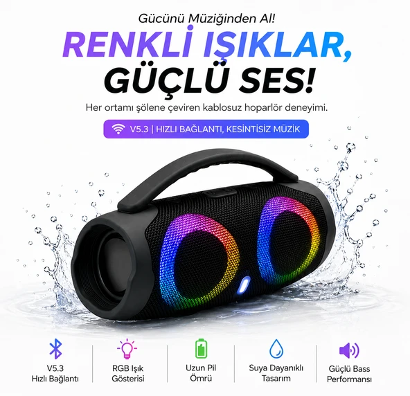 BOOMS BOX 3 RGB İLE SESİ HİSSET V5.3 HIZLI BAĞLANTI İLE KESİNTİSİZ MÜZİK BLUETOOTH HOPARLÖR ürün görseli 1