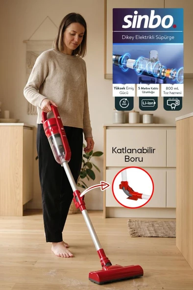 Sinbo SVC-8625 Kırmızı Dikey Elektrikli Süpürge Katlanır Borulu, El Süpürgesi, 800 ml Toz Hazneli ürün görseli 1