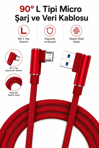 90 Derece L Tipi Micro USB Şarj Kablosu Örgülü Dayanıklı Kablo 1 Metre ürün görseli 1