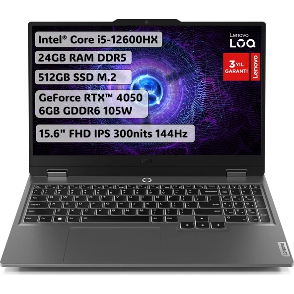 LOQ Intel Core i5 12600HX 24GB 512GB SSD RTX4050 Freedos 15.6" IPS 144Hz Taşınabilir Bilgisayar 83GS00P6TR ürün görseli 1