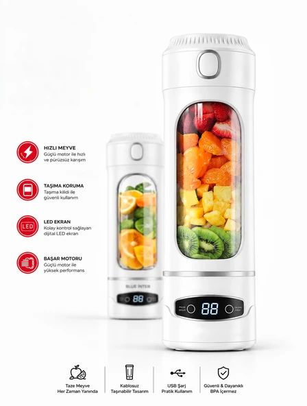 Güçlü Motorlu Premium Smoothie Blender Pratik Taşınabilir LED Ekranlı Şarjlı Blender Bardak ürün görseli 1
