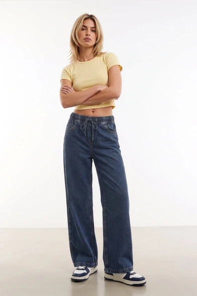Kadın Yüksek Bel Bağcıklı Wide Leg Mavi Jean Pantolon ürün görseli 1