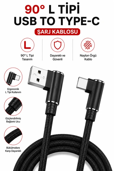 90 Derece L Tipi USB to Type-C Şarj Kablosu Dayanıklı Naylon Örgülü Kablo 1 Metre ürün görseli 1
