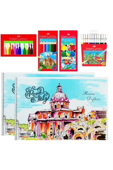 Faber Castell Kuru Sulu Keçeli Pastel 12 Renk Boya Ve 25x35 Spiralli 2 Adet Defter Seti ürün görseli 1