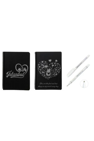 MEKAFİX 2 Adet Desenli Siyah Defter Siyah Yapraklı Defter - Siyah Sayfalı Defter 2 Adet Beyaz Jel Kalem Side ürün görseli 1