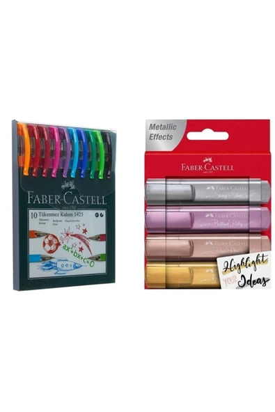 Faber Castell 4'lü Metalik Fosforlu Kalem + 1425 10'lu Tükenmez Kalem ürün görseli 1