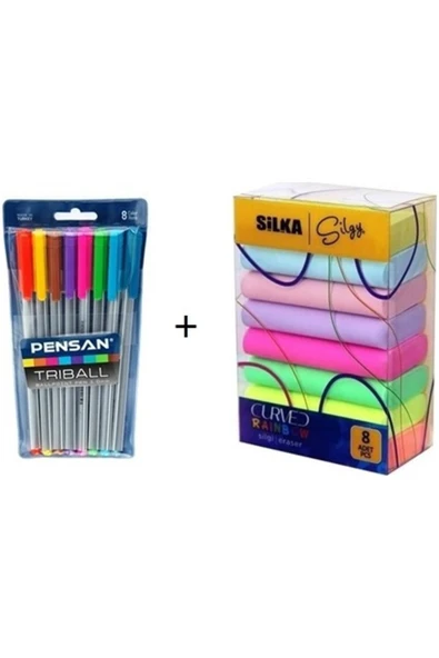 Pensan Triball Tükenmez Kalem 8'li + Rainbow Neon Silgi 8'li ürün görseli 1
