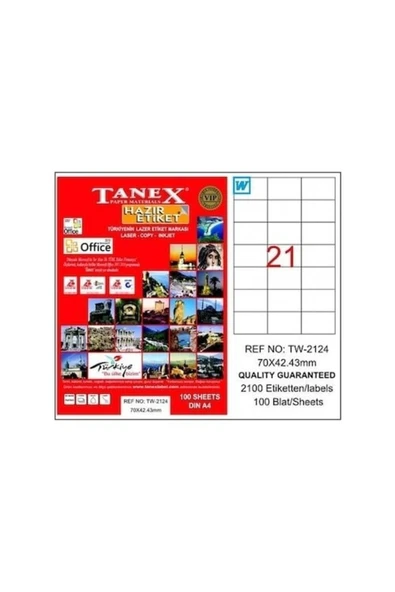 Tanex Lazer Etiket Tw-2124 100 A4 Sayfa Laser Etiket 70 X 42 Mm Boyutunda 1 A4 Sayfada 24 Etiket ürün görseli 1