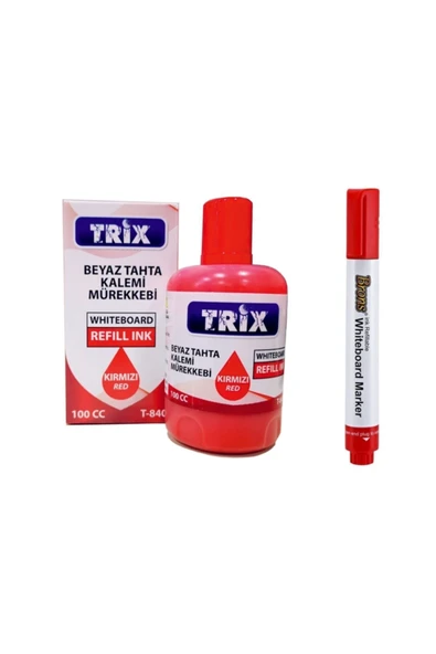 Brons Doldurulabilir Beyaz Yazı Tahtası Kırmızı Kalemi + Trix Mürekkebi 10 ml - Kırmızı tkm ürün görseli 1