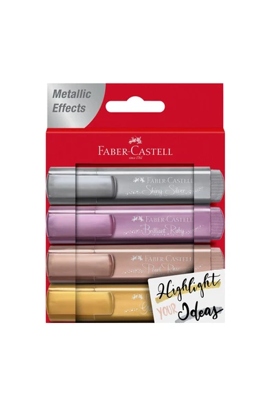 Faber Castell Metalik 4'lü Kırmızı Karton Kutu Fosforlu Kalem Seti, Şık ve Parlak Renkler ürün görseli 1