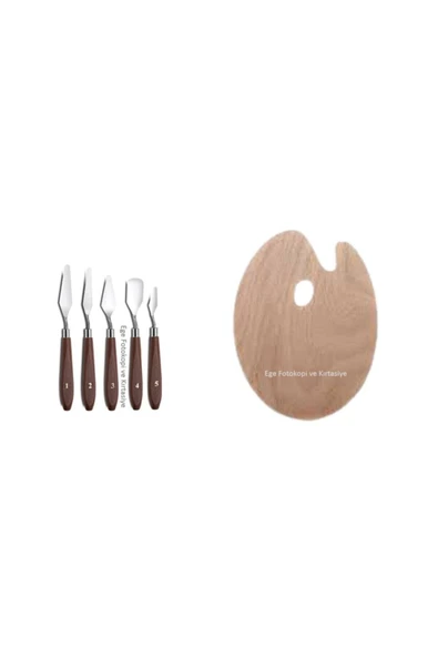 Ege Fotokopi & Kırtasiye 5li Metal Spatula Ve 30x40 Cm Oval Ahşap Palet Resim Seti ürün görseli 1