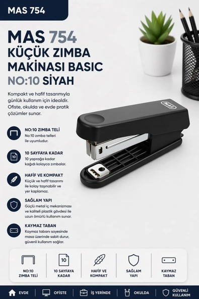 Mas Küçük Zımba Makinası Basic No:10 Siyah 754 ürün görseli 1