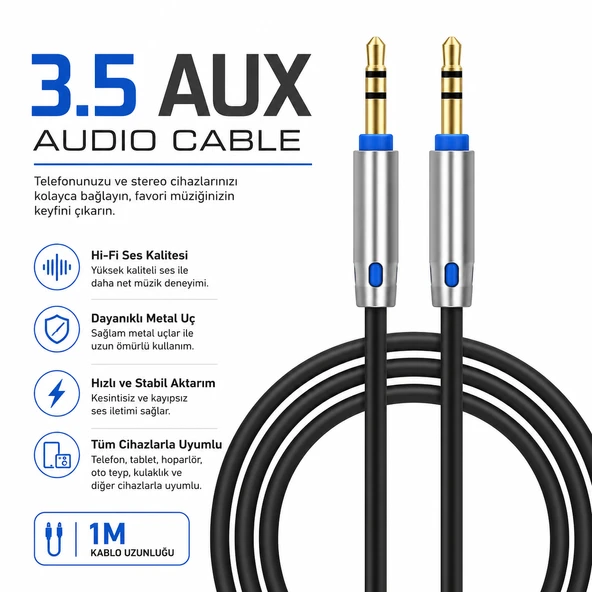 1 Metre AUX Kablo 3.5mm Stereo Ses Kablosu  Güçlü ve Net Ses Aktarımı ürün görseli 1
