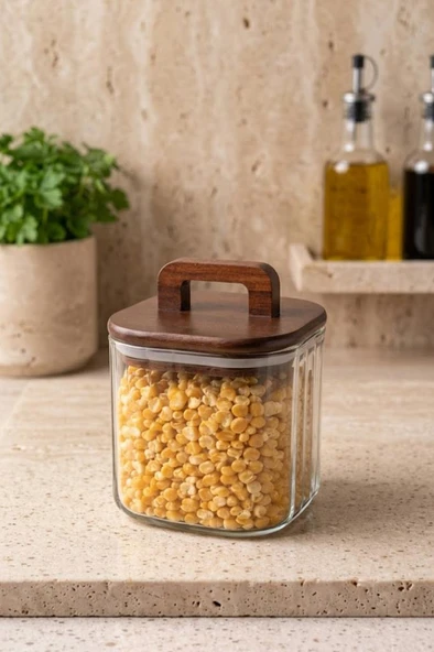 Atbyhome Akasya Saplı Cam Kavanoz 700 ml - Vakumlu Çizgili Cam Baharatlık Kahve ve Bakliyat Kabı ürün görseli 1
