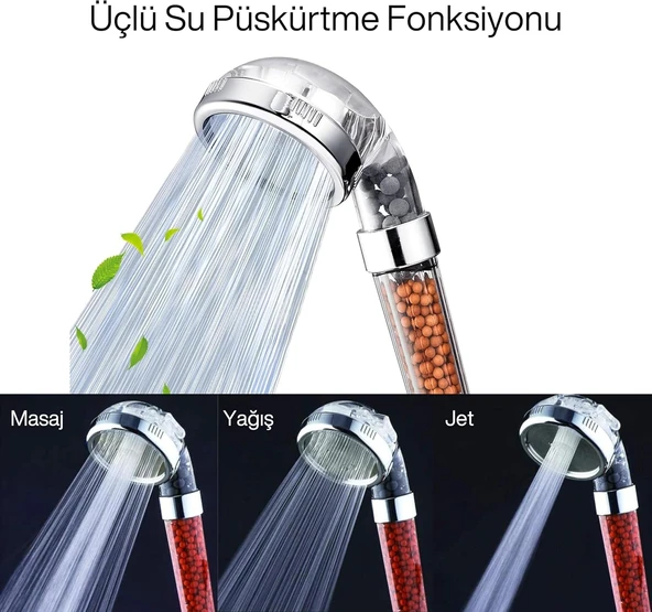Arıtmalı Tasarruflu Duş Başlığı - 3 Ayarlı Krom & Şeffaf - Resim 2