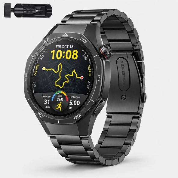 Huawei Watch GT5 Pro 46mm İle Uyumlu Katlanır Klipsli Paslanmaz Çelik Saat Kordonu  Siyah ürün görseli 1