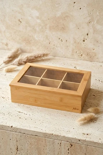 Atbyhome Bambu 6 Bölmeli Şeffaf Kapaklı Çay Kutusu - Poşet Çay Düzenleyici Organizer ürün görseli 1