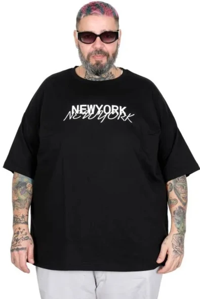 Büyük Beden Unisex Bisiklet Yaka Tshirt New York 26204 SIYAH ürün görseli 1